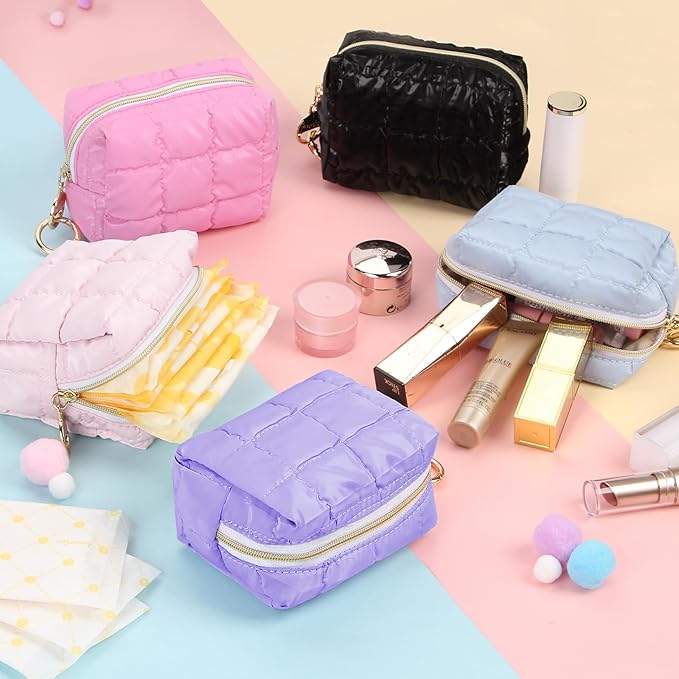 Puffy Mini Makeup Bag, Cute Quilted Small Cosmetic Bag for Purse, Portable Travel Makeup Pouch for Lipsticks, Chapsticks, Earphone, Credit Card, Birthday/Wedding/Christmas Gifts (Black)