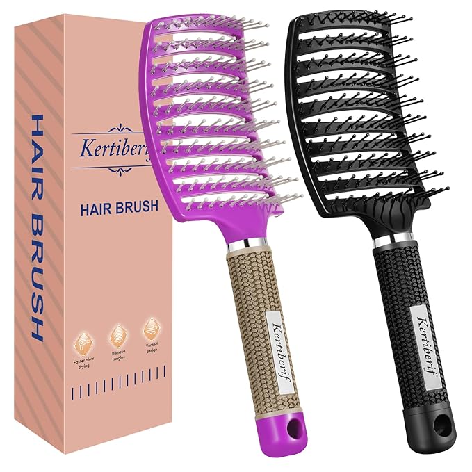 2 Pack Curved Vented Detangling Brush for Wet and Dry Hair, Paddle Styling Hair Brush for Faster Blow Drying, Detangler Brush for Women Men Curly Thick Hair