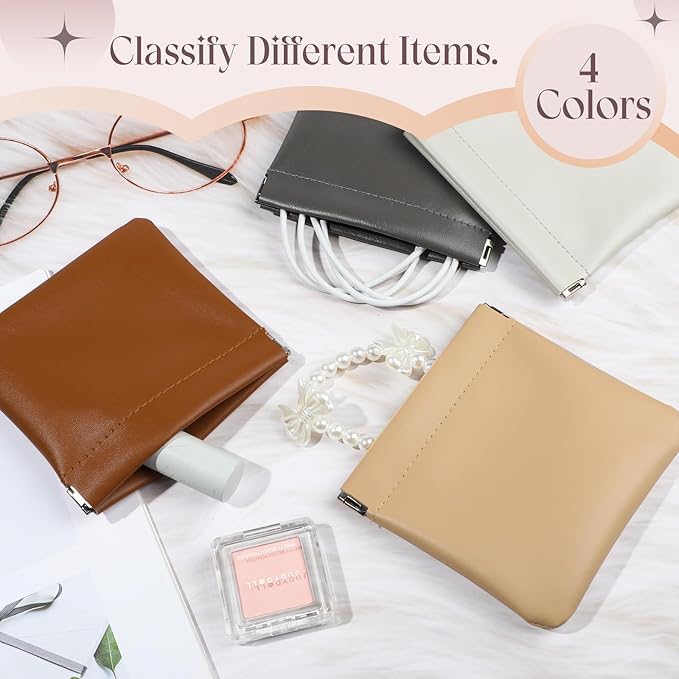 ISKYBOB 4PCS Small Makeup Bag for Purse, 4.7in Portable Leather Pocket Cosmetic Bag Squeeze Coin Purse for Women Snap Closure Organizer Pouch Mini Self-Closing Lipstick Pouchic for Travel (Business)