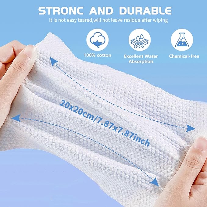 Cotton Facial Dry Wipes 100 Count, Deeply Cleansing Disposable Face Towel Wash Cloth, Multi-Purpose for Skin Care, Make-up and Face Wipes (2 Pack)