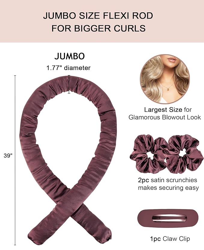Jumbo Heatless Curls Overnight Hair Curlers to Sleep In Large Hair Rollers for Long Hair Blowout Look No Heat Overnight Curls, Soft Satin Flexi Rods Heatless Curling Rod Set Styling Tools for Women