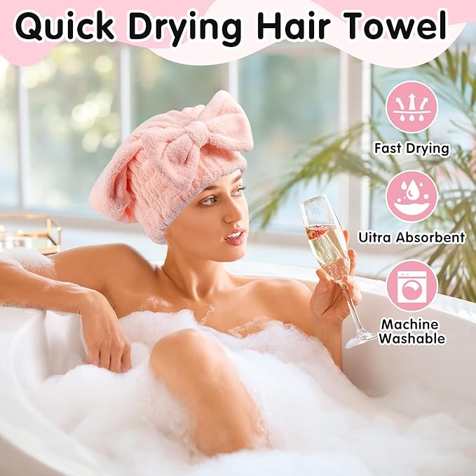 4 Pack Microfiber Hair Towel Cap,Super Absorbent Hair Towel Wrap Drying Hair Cap,Soft Microfiber Hair Drying Towel Cap with Bow-Knot,Anti Frizz Hair Turban Wrap for Curly Long Wet Hair