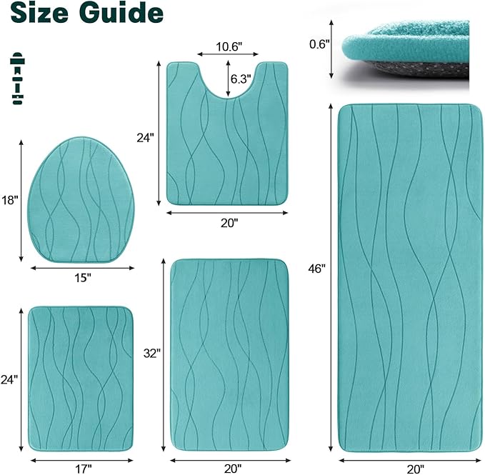 YIHOUSE Memory Foam Bathroom Rug Sets 5 Piece, Ultra Absorbent Bath Mat for Bathroom - Non-Slip Machine Washable & Dry Quickly, 5 Piece Bathroom Mat Set,Teal