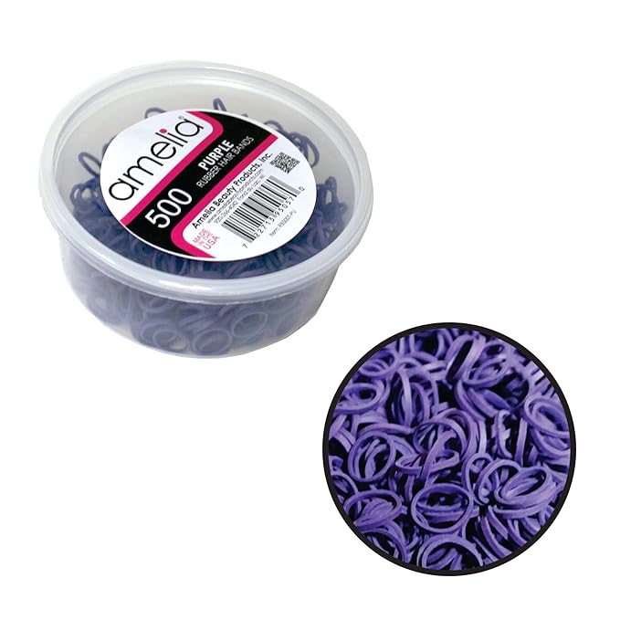 Amelia Beauty 500 Count Small Rubber Bands for Hair – ½" Purple - Made in USA - Recloseable Container - Mini Hair Elastics for Braids, Ponytails, Cornrows & Twists – Strong Hold Ponytail Holders