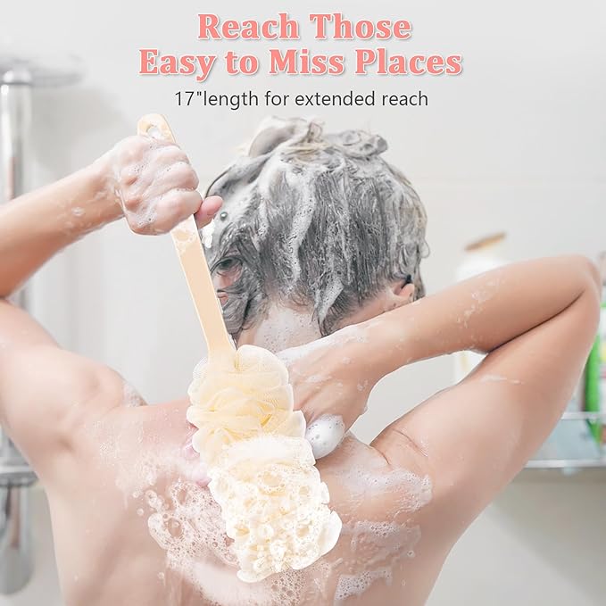 2Pack Back Scrubber for Shower Loofah with Long Handle, Shower Brush for Body, 17″ Loofah on a Stick for Men Women Bathing Accessories, Scrubber Sponge for Exfoliating Bath Brushes (Beige & Pink)