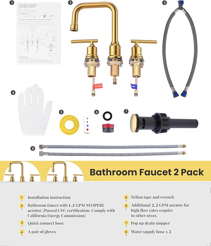 Brushed Gold Bathroom Faucet Set: WOWOW Widespread Bathroom Sink Faucet 3 Hole with Pop-up Drain and Supply Lines, 8 Inch Vanity Taps 3 Pieces Basin Tap 2 Handle Modern (Set of 2)