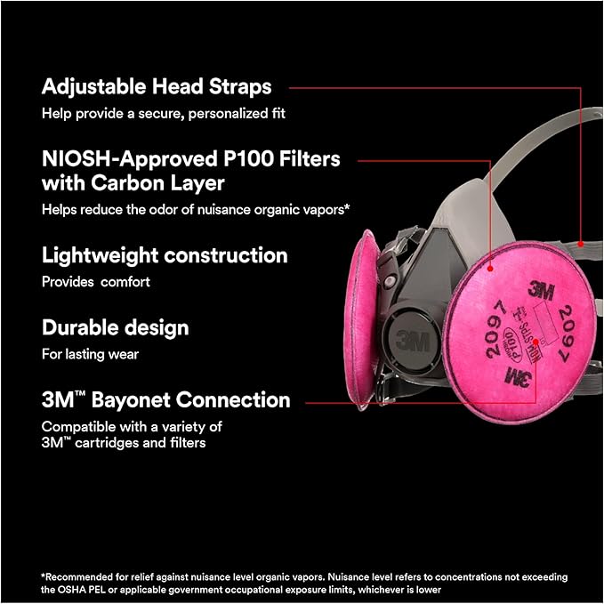 3M P100 Performance Mold & Lead Paint Removal Respirator, Medium Size, NIOSH-APPROVED P100 Rated Filter, Carbon Layer Helps Reduce Odor Nuisance, Lightweight, Adjustable Head Straps (6297P1-DC)