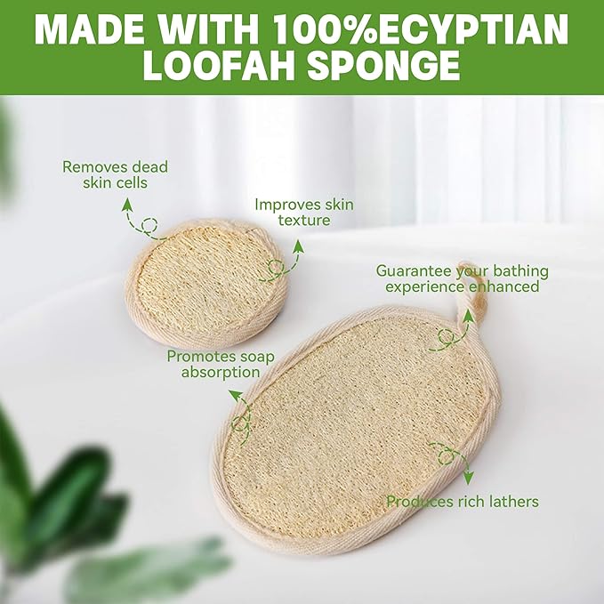 Natural Loofah Sponge Exfoliating Body Scrubber (2Pcs), Loofah Exfoliating Facial Scrubber(2Pcs), Made of Natural Luffa and Terry Cloth, Suitable for Bath Shower Loofah Sponge on Body and Face