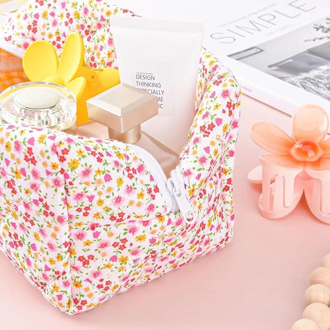 Puffy Coquette Floral Quilted Makeup Bag - Large Fashionable Travel Pouch, Cute Pink