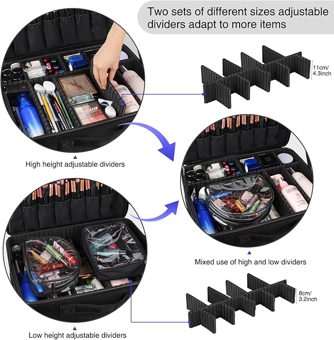 Relavel Extra Large Makeup Case, Professional Makeup Artist Bag Double Layer Compartment Cosmetic Travel Organizer Bag Makeup Brush Storage Holder with Adjustable Dividers and Shoulder Strap, Black