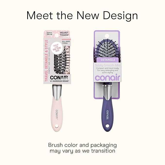 Conair Totally Smooth Mini Hair Brush, Soft-Touch Handle, Ball-Tipped Bristles for Detangling Wet or Dry Hair, Color May Vary