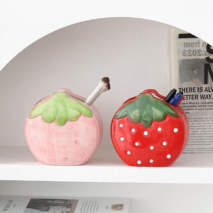 TANG SONG Ceramic Strawberry Make up Brush Holder Cosmetic Storage Box Pen and Pencil Holder Desktop Organizers (Red)