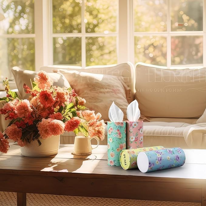 Outus 12 Pcs Spring Floral Car Tissues Cylinder Holder Flowers Round Tissue Box Cup Holder 3 Ply Facial Napkins Napkins Container for Car Home Office Dispenser Travel