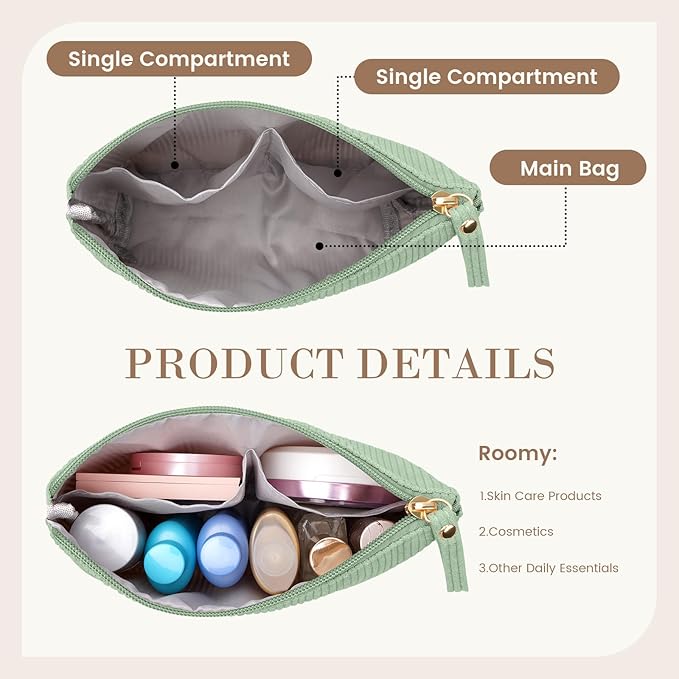 MAGEFY Small Makeup Bag, Corduroy Small Pouches for Purse Cosmetic Bag Makeup Pouches for Key Pocket Lipstick Bag Card Holder Data Cable Organizer(Green,Small)