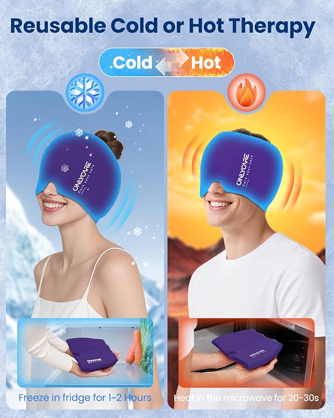 Upgraded Migraine Relief Cap, ONLYCARE Headache Relief Cap, Soothing Migraine Mask, Odorless Gel Ice Head Wrap, Hot & Cold Therapy, Reusable Ice Pack for Tension and Stress Purple