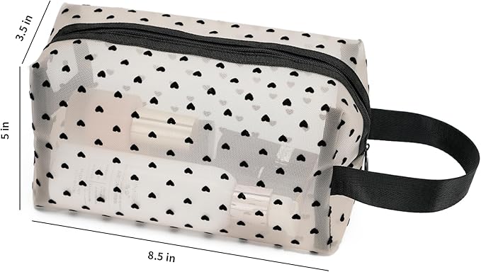 Portable Mesh Makeup Bag with Zipper Small Travel Toiletry Bag Lightweight Cosmetic Pouch (Beige&Black Heart with Handle)