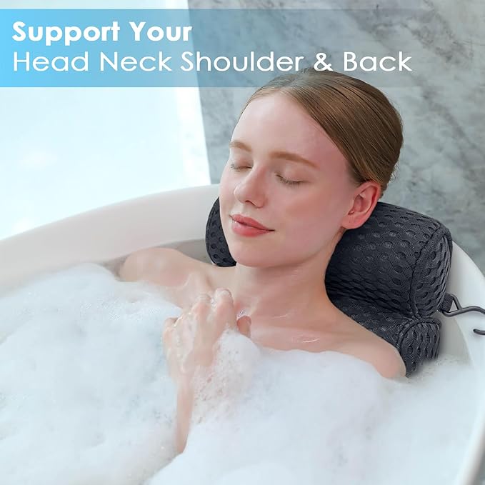 AEROiVi Luxury Bath Pillows for Tub，Bath Pillow Bathtub Pillows for Head and Neck Support Bath Cushion Made from Soft Spacer Mesh Material with Suction Cups,Black