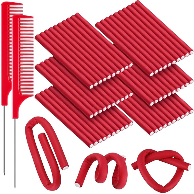 WILLBOND 60 Pieces Flexible Curling Rods Hair Curlers Rollers Twist Flexi No Heat Rods Rollers for Long Short Hair Women(0.4 x 7 Inch,Red)