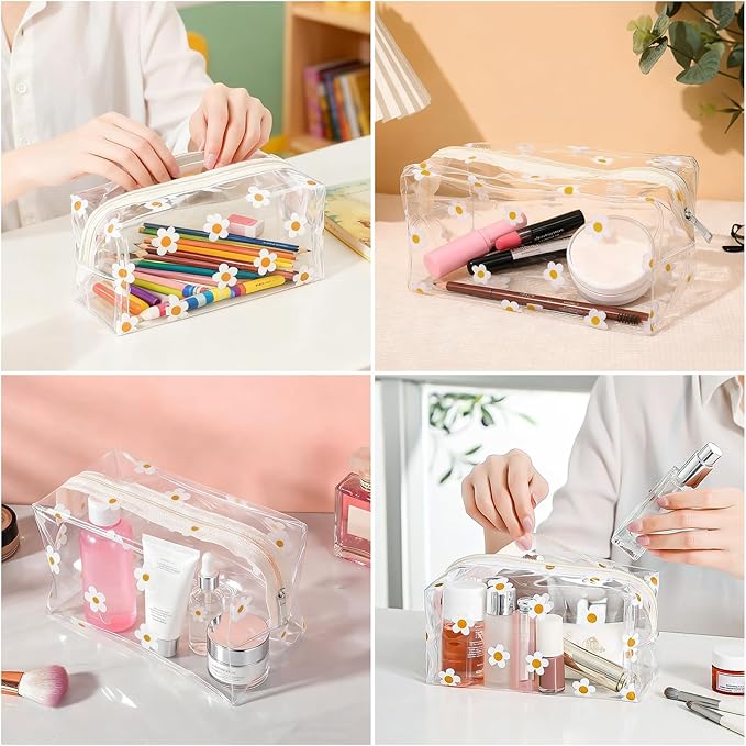 Clear Makeup Bag, Small Clear Toiletry Bag for Travel, Cosmetic Makeup Organizer Bags with Zipper, Plastic PVC Pouch Transparent Zip for Purse Reusable TSA Approved Quart Size (White Flowers)