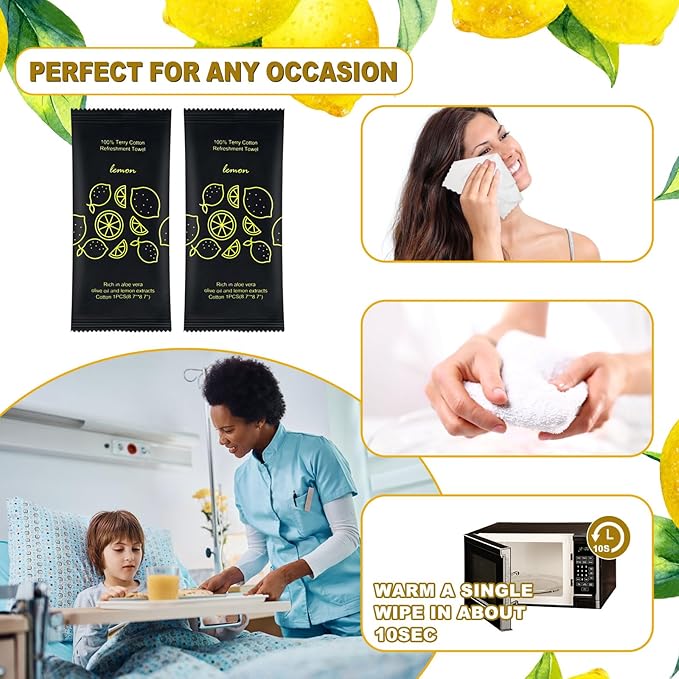 Hot or Cold Moist Cotton Towel Bulk Moist Towelettes Individually Wrapped 8.7" x 8.7",White Towel Services,Refreshment Pre Moistened Towels Lemon Scent for Travel Sport Party Spa Dentist Hote50