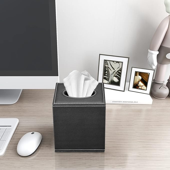 Tissue Box Cover, PU Leather Tissue Box Holder Square Box Covers for Home/Office/Car Decoration 5.3"X5.3"X5.8" - Black