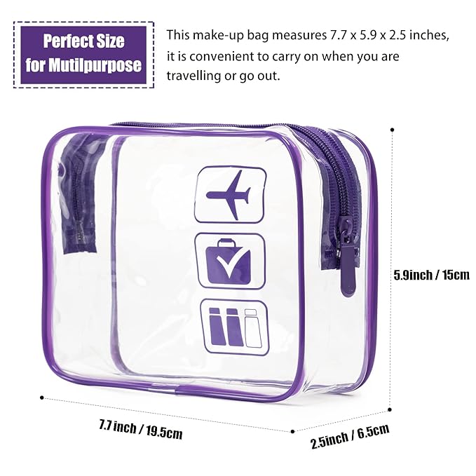 MODENGKONGJIAN TSA Approved Toiletry Bag, 3 Pcs Clear Toiletries Bags Quart Size Travel Makeup Cosmetic Bag for Women Men, Carry on Airport Airline Compliant Bag (Purple)