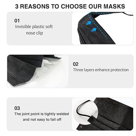 DC-BEAUTIFUL 100 Pieces Black Disposable Face Masks, Non Woven 3ply Earloop Disposable Masks, Fit for Adults