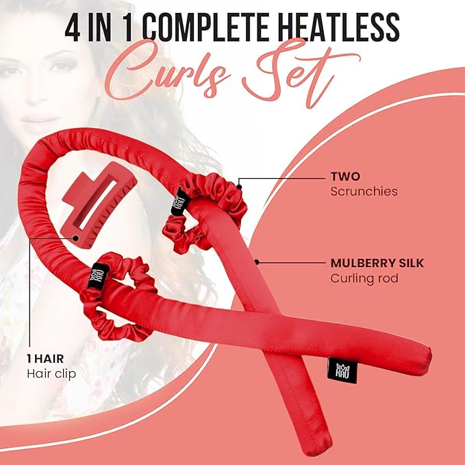 KAV 100% Mulberry Silk Heatless Curling Rod Headband Set with Clip & Scrunchies – Overnight Heatless Hair Curler for Women, No Heat Damage, Soft Hair Roller for Natural Curls & Waves