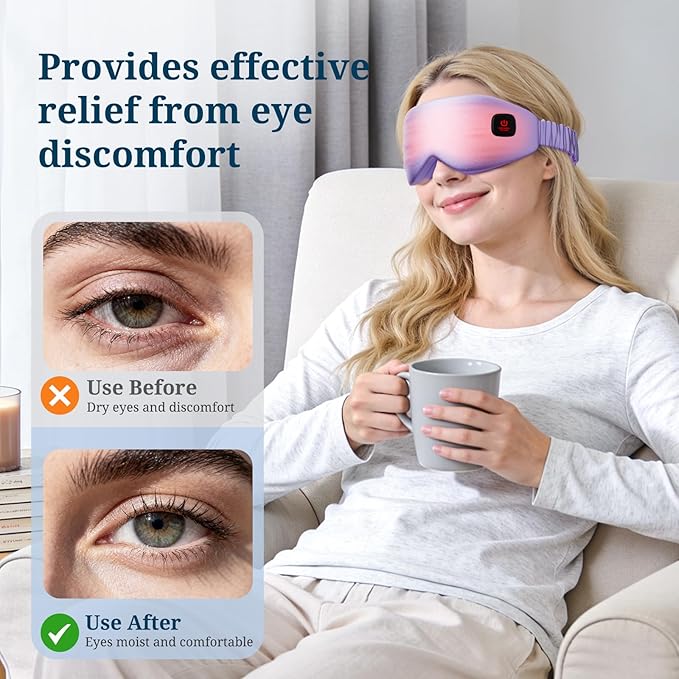 100% Silk Wireless Heated Eye Mask with Cooling - 3 Heat Settings, for Dry Eyes, Puffiness & Dark Circles - Adjustable, Washable, Travel-Friendly (Purple).