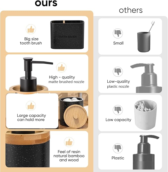 20PC Black Modern Bathroom Accessories Set with Shower Curtain, Toothbrush Holders, Soap Dispenser, Vanity Tray, Cotton Swab Jars, Bathroom Decor Organizer