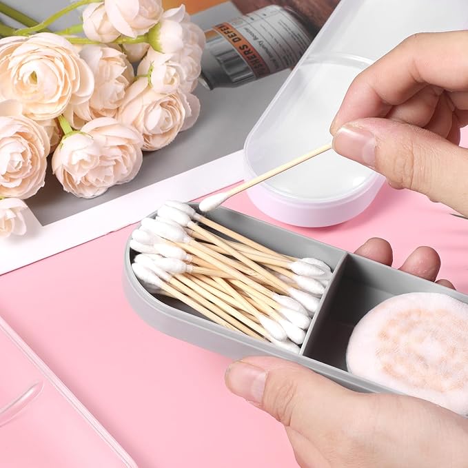2 Pcs Travel Qtips Case with Dustproof Lid Portable Small Dental Floss Holder Cotton Pad Holder Clear Plastic Cotton Swab Makeup Pads Storage