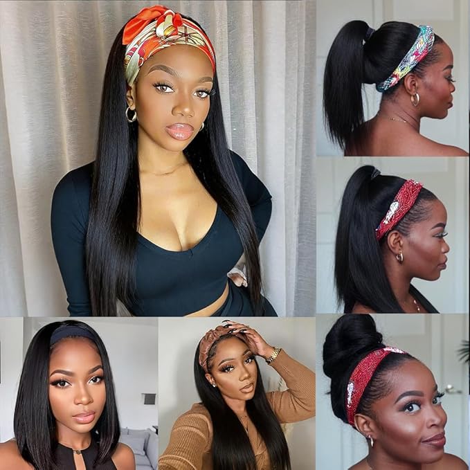 XSY Headband Wig Human Hair Straight Headband Wigs for Black Women Glueless No Lace Front Wig Human Hair Natural Black 150% Density 14 Inch