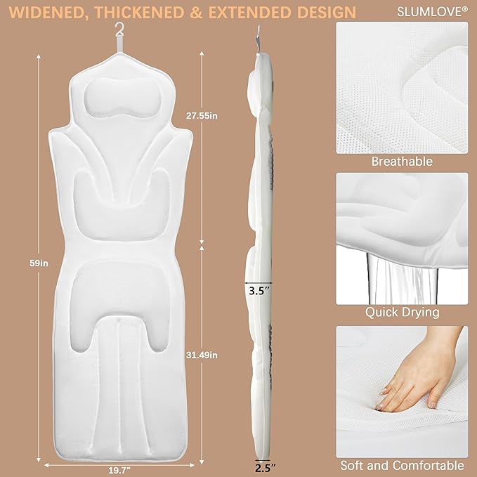 Ergonomic Full Body Bath Pillow for Bathtub, 5D Luxury Spa Cushion with 114 Non-Slip Suction Cups, Extra Long Thick Bath Pillow for Full Body Support, for Adult with Laundry Bag & Hook (Grey) (White)