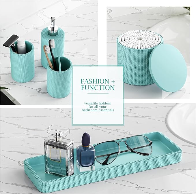 6-Piece Teal Blue Bathroom Set - Mesh Textured Resin Bathroom Accessories Set with Soap Dispenser, Toothbrush Holder, Cup, Vanity Tray & Apothecary Jars for Small Spaces