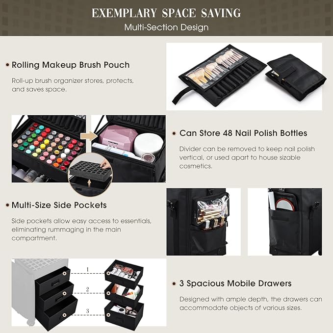 Stagiant Rolling Makeup Case 4 in 1 Soft Sided Professional Cosmetology Case on Wheels Freelance Makeup Artist Nylon Cosmetic Organize Storage Nail Technician Hair Stylist 3 Drawers Black