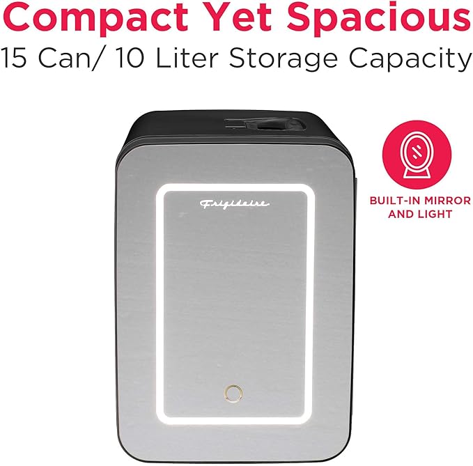 Frigidaire Mini Personal Fridge Cooler, LED Lighted Mirror, 6.5L Capacity, 9 Cans, 100% Freon-Free & Eco Friendly, for Makeup, Skincare, Portable, Black
