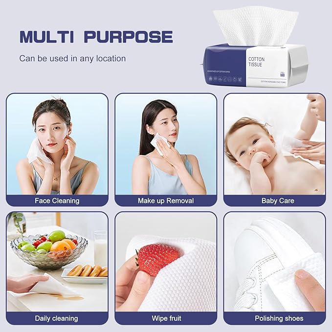 Disposable Face Towel, 200 Count Face Towels for Washing Soft Cotton Dry Wipes Facial Cloths Towelettes for Washing and Drying, Facial Tissue for Cleansing, Skincare and Makeup Remover