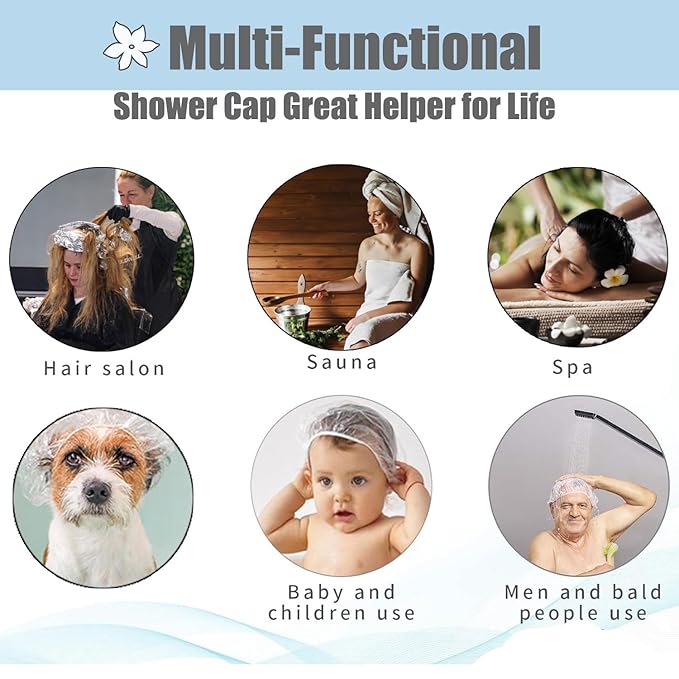 100pk Disposable Shower Caps LARGE SIZE 50cm/20in Unisex Plastic Hair Caps for Deep Conditioning Shower Cap Reusable Waterproof for Women Men Thin Design