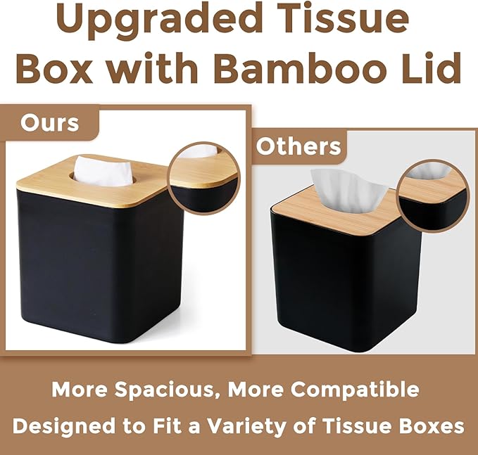Black Tissue Box Cover, Square Tissue Box Holder with Bamboo Cover Plate, Cube Tissue Box Cover for Desk Accessories, Tissue Holders Decorative Square Tissue Box Tissue Holders for Bathrooms Bedrooms