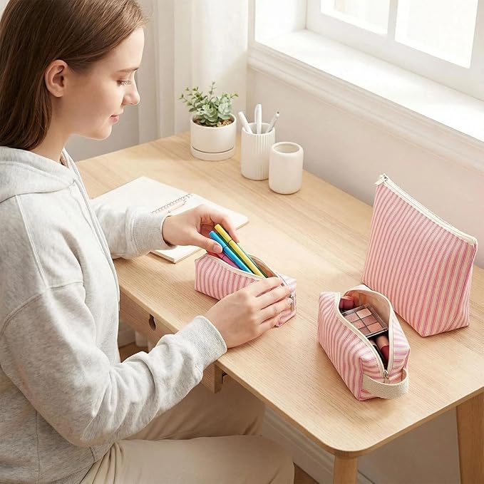 3 Pcs Canvas Makeup Bag Set Cosmetic Pouch for Women Travel Toiletry Bag Cute Makeup Organizer Purse Pouch Preppy Pencil Case with Zipper (Pink Pinstripes)