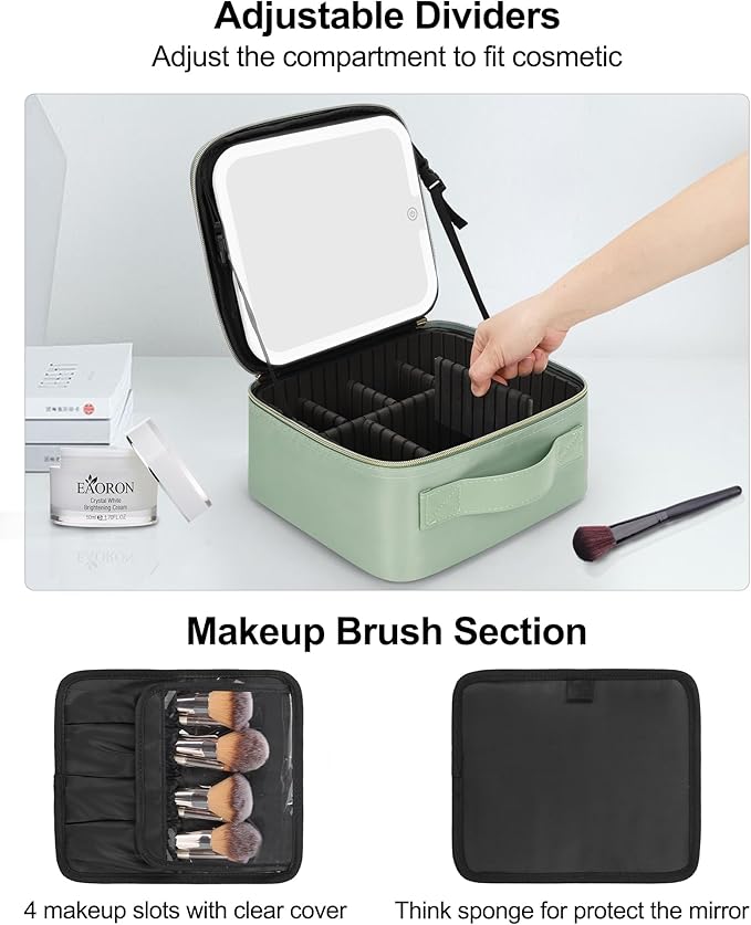 Relavel Travel Makeup Bag With LED Mirror, Portable Cosmetic Organizer Bag with Adjustable Brightness in 3 Color Scenarios, Small Train Case with Detachable Dividers for Trip- Green