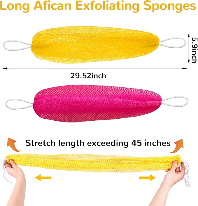 2pcs African Net Sponge Authentic - 45 Inches Exfoliating Body Scrubber for Shower Nylon Bath Sponge Back Scrubber for Daily Use