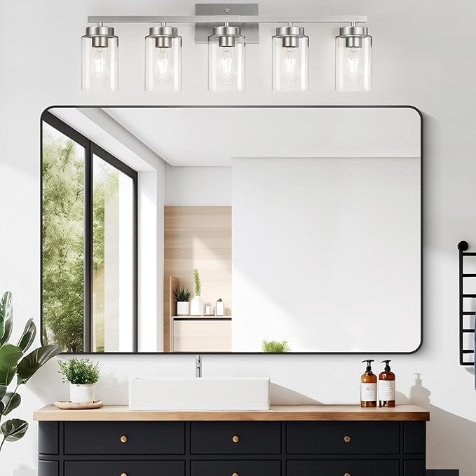 IZORRO Modern Bathroom Light Fixtures, 5 Light Brushed Nickel Vanity Lights, Bathroom Lighting Fixtures Over Mirror with Clear Glass for Living Room Cabinet Bedroom
