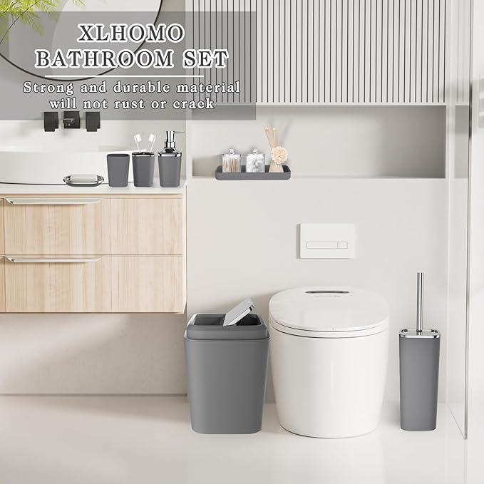 Grey Bathroom Accessories Sets Complete, 9-Piece Bathroom Accessories with Trash Can, Vanity Tray, Soap Dispenser, Soap Dish, Toothbrush Holder, Toothbrush Cup, Toilet Brush and Qtip Holders