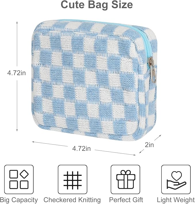 Sanitary Napkin Storage Bag, Menstrual Pad Zipper Bag Checkered Portable Period Bag Panty Liners, Tampon Storage Pouch for Women Ladies Daily Use Storage Purse Travel