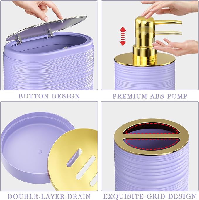 Bathroom Set, 10PC Bathroom Accessory Set, Purple Bathroom Accessories, Purple and Gold Bathroom Set with Trash Can, Soap Dispensers
