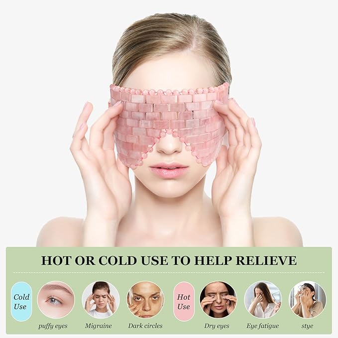 Natural Jade Eye Mask and Rose Quartz Eye Mask Set - Soothing & Relaxing Alleviate Puffiness and Migraines with Cooling and Warming Therapy (2 Pcs)