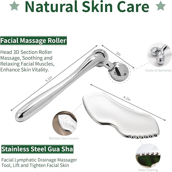 Stainless Steel Gua Sha Facial Tools Metal GuaSha Tool for Face Neck, Detailer Gua Sha Lymphatic Drainage Reduce Wrinkles Face Massage Tool, Gift for Women (Guasha & Face Roller)