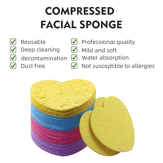 100-Count Compressed Facial Sponges for Estheticians Heart Shape Natural Cellulose Sponge Professional Cosmetic Spa Sponges for Face Cleansing, Massage, Pore Exfoliating, Mask, Makeup Removal, Mixed