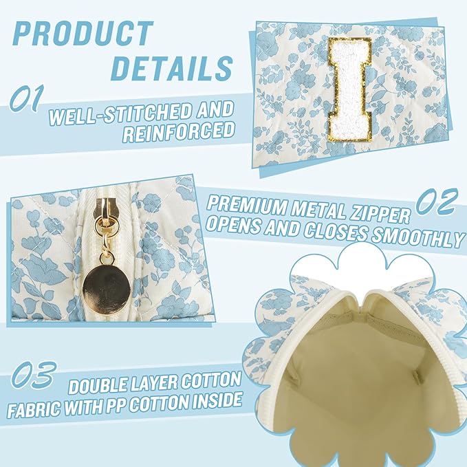 Personalized Quilted Cosmetic Bag, Puffy Monogrammed Christmas Birthday Gifts for Women & Girls, Cute initial Floral Makeup Bag Puffer Coquette Bag, Aesthetic Travel Toiletry Zipper Pouch(Blue,I)